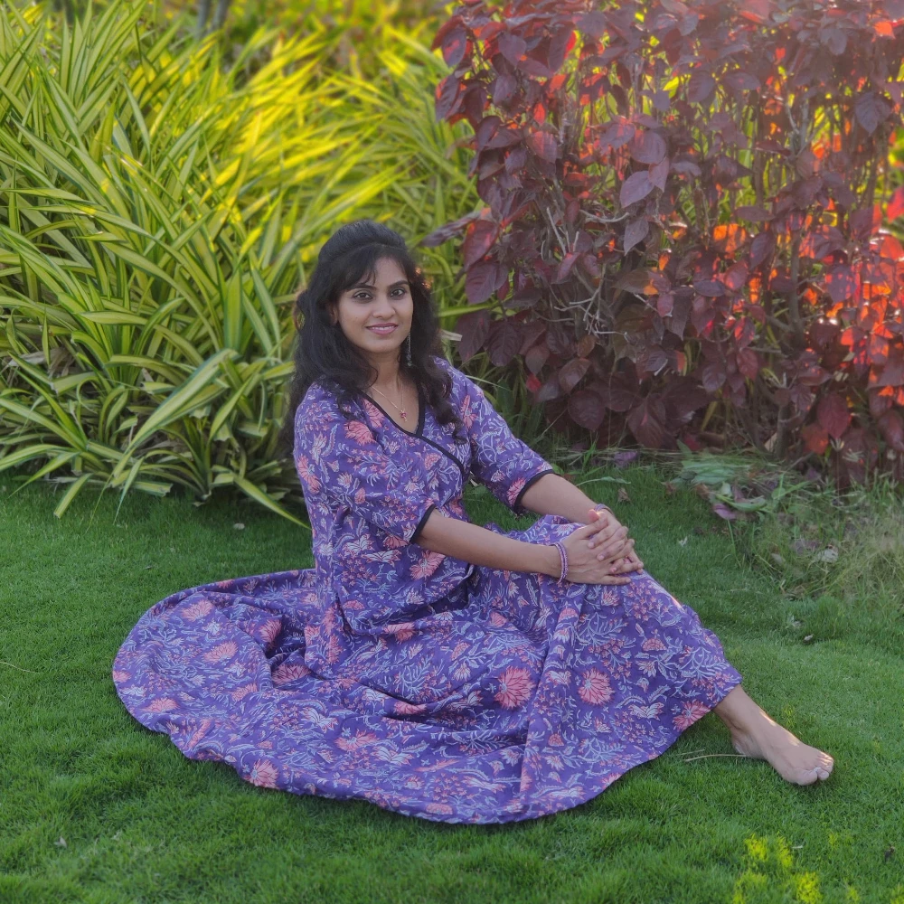 Cotton printed purple circular cut maxi dress (L)