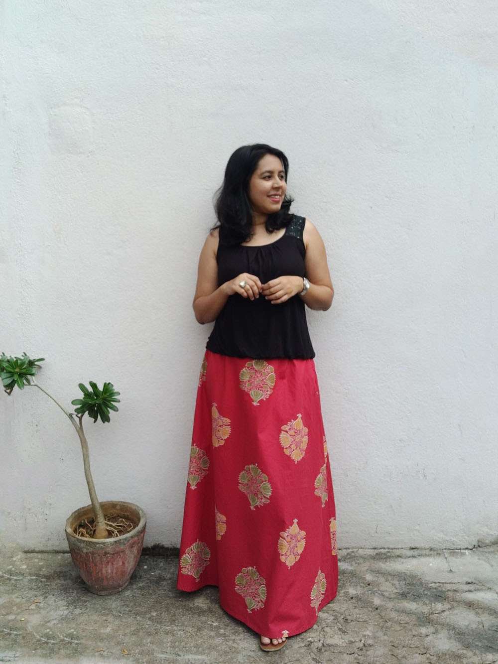 Scarlet red hand block printed cotton A-line skirt (M)