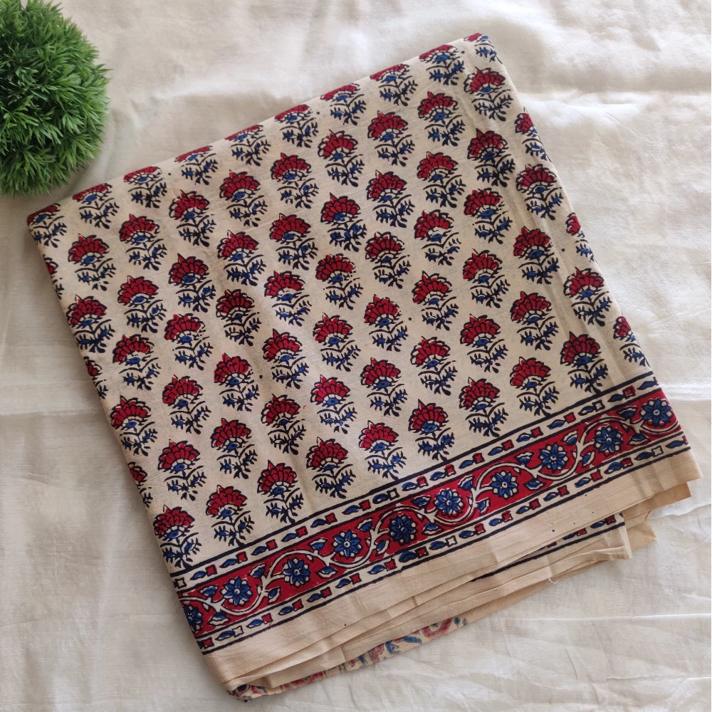 Block print Cotton Saree- Offwhite