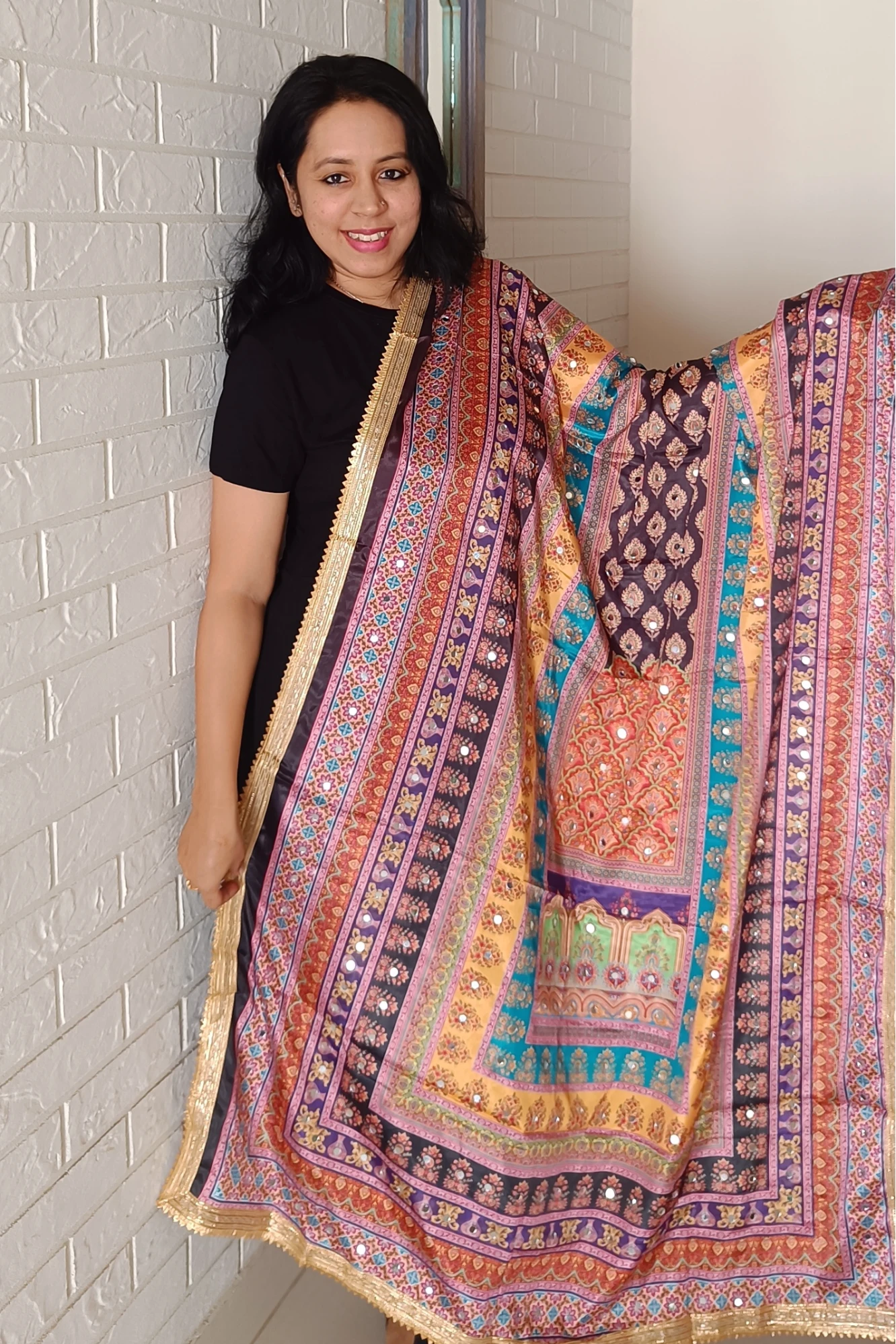 Printed mirror work dupatta