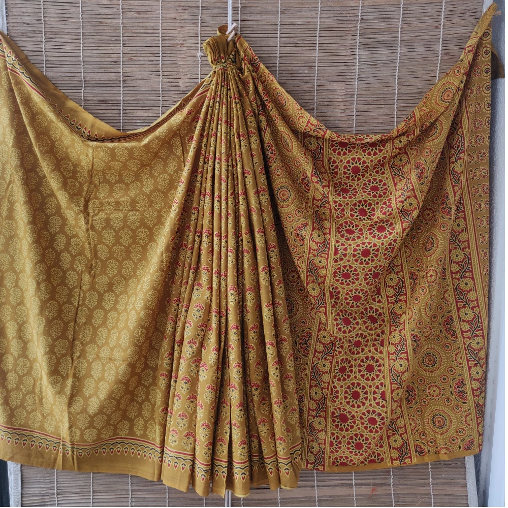 Block print Cotton Saree- Mustard