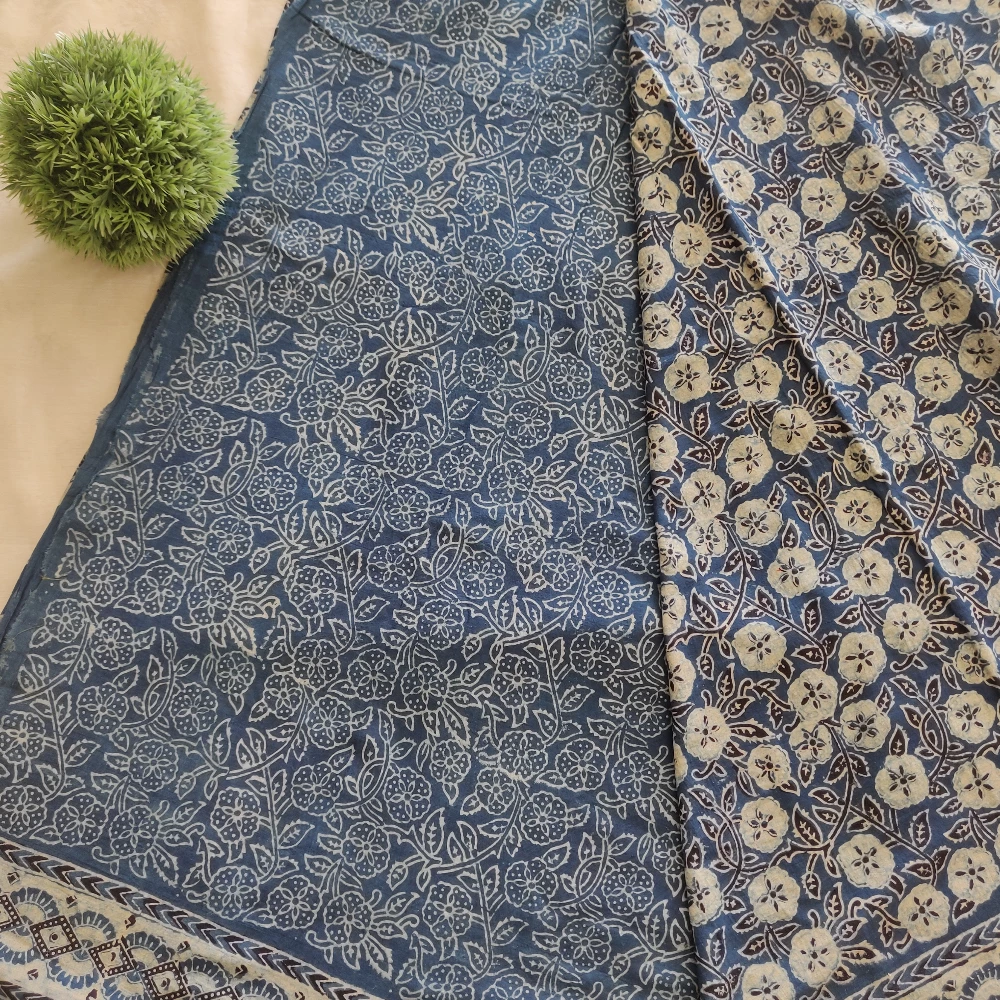 Block print Cotton Saree-Floral Indigo