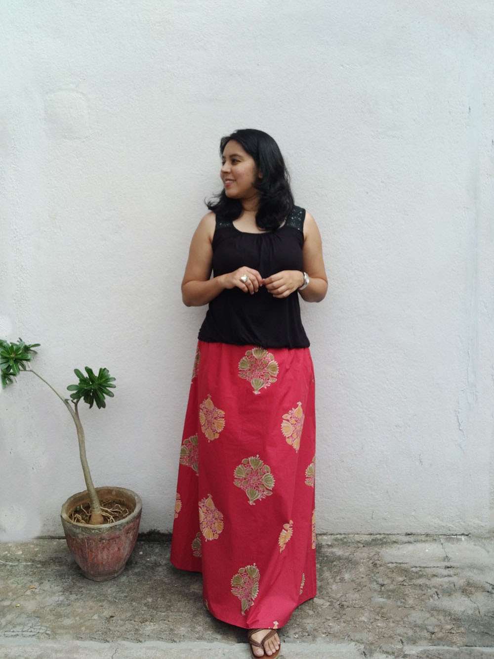 Scarlet red hand block printed cotton A-line skirt