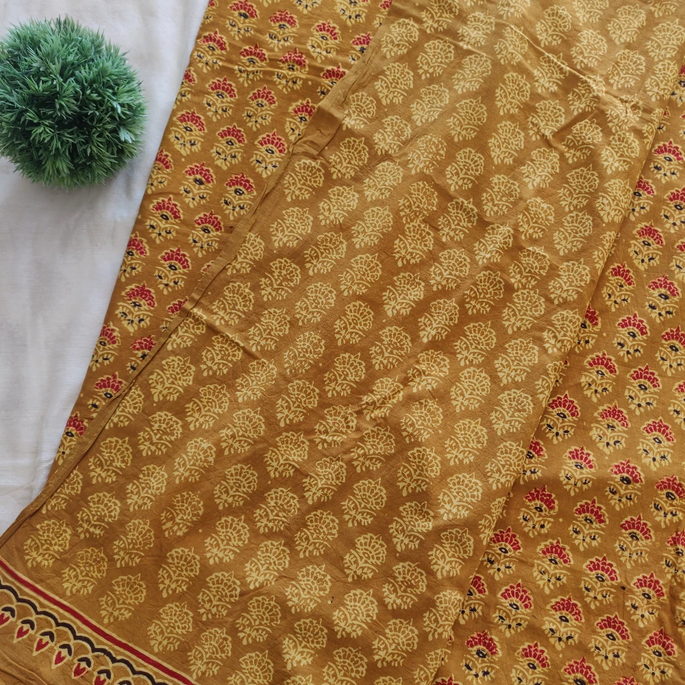 Block print Cotton Saree- Mustard