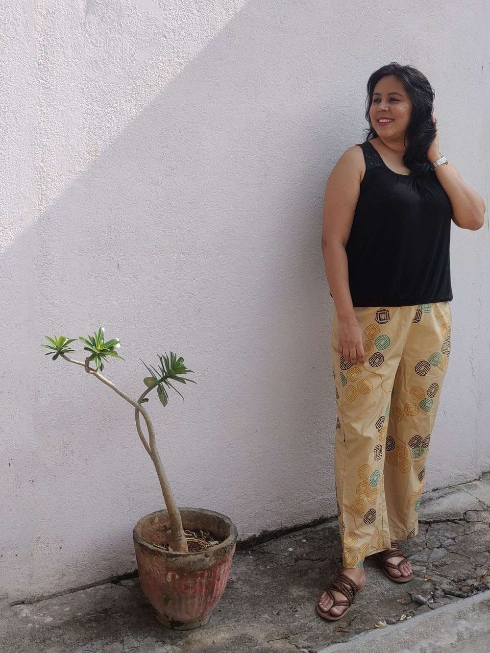 Beige Cotton hand block printed cotton pants (M)