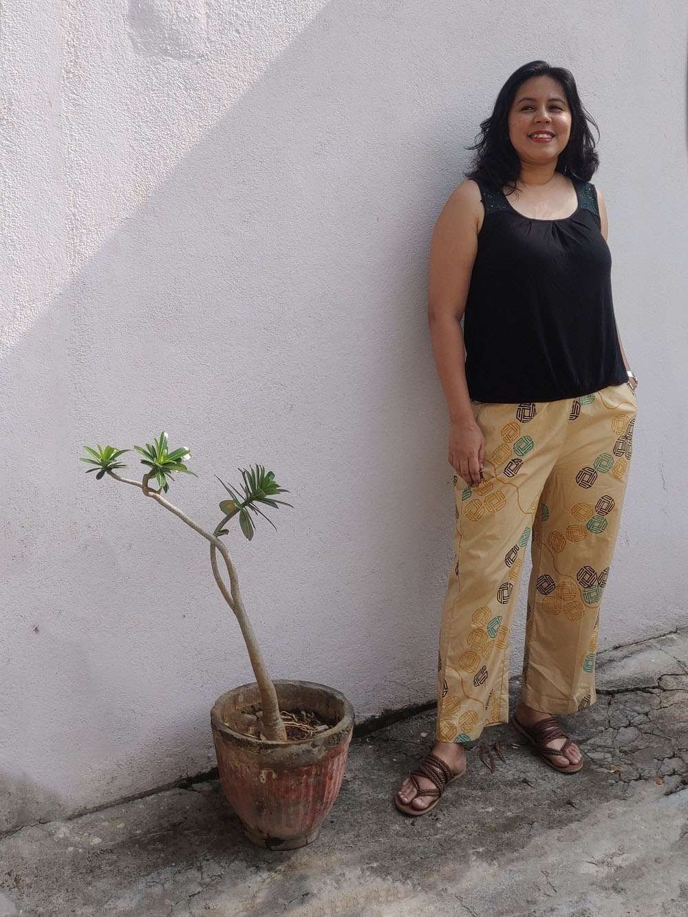 Beige Cotton hand block printed cotton pants (M)