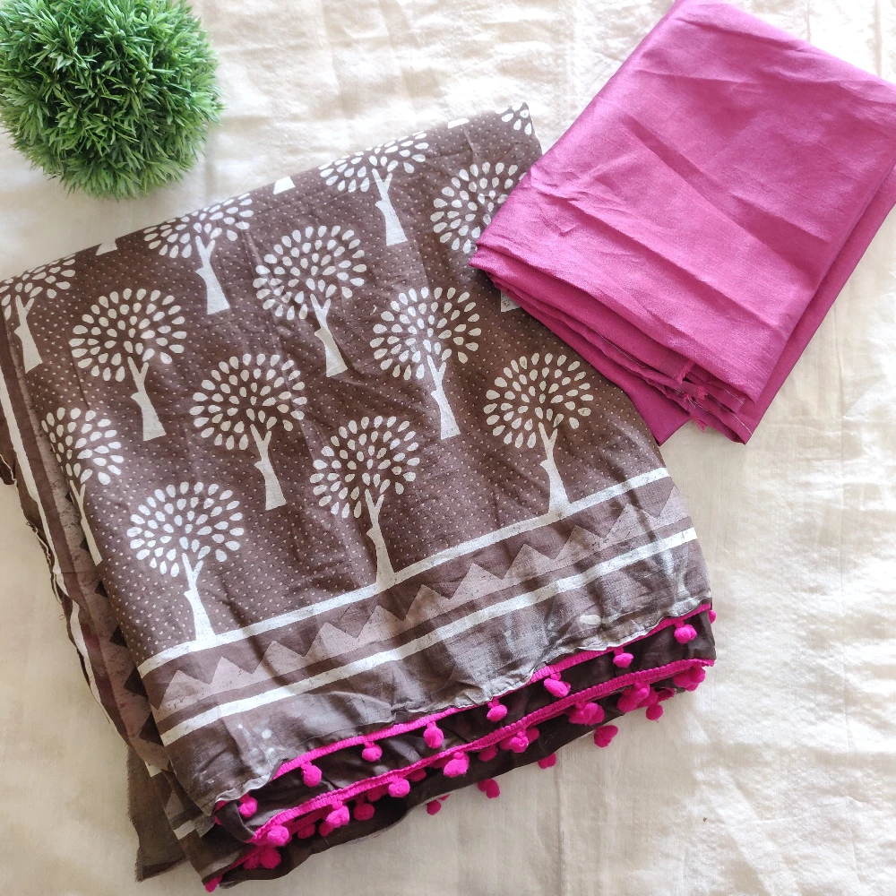 Brown printed Cotton saree