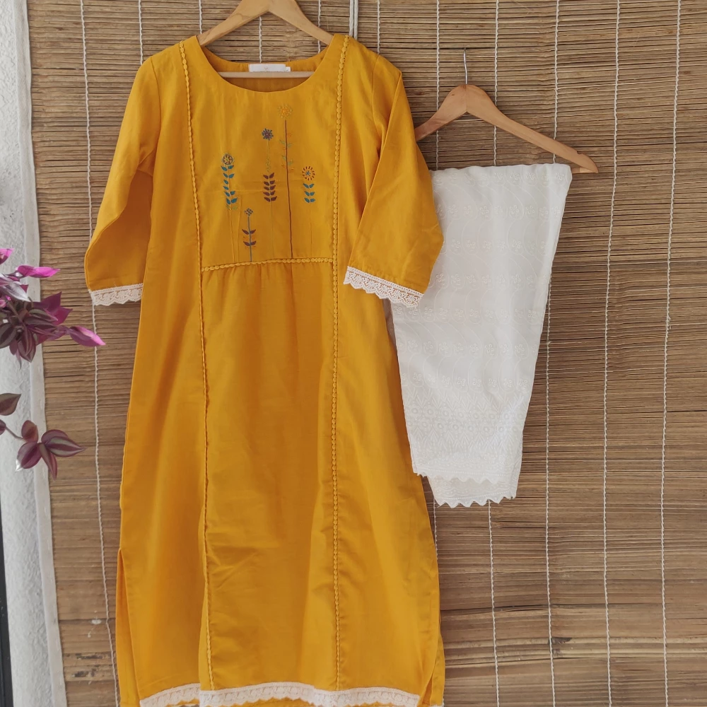 Unstitched Cotton Hand embroidered kurta pant set (Unstitched set)