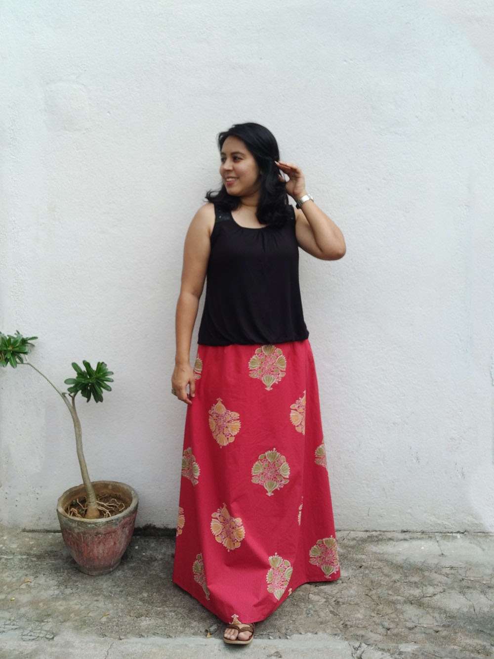 Scarlet red hand block printed cotton A-line skirt (M)
