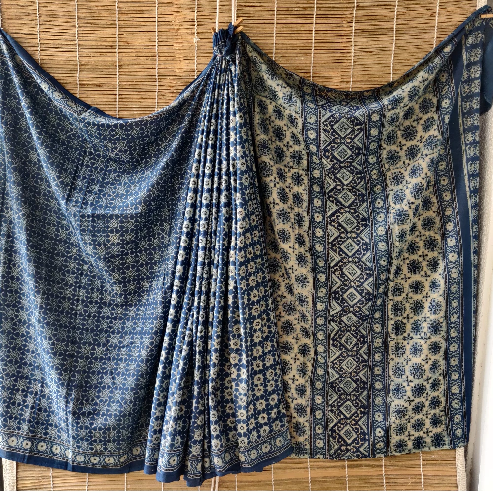 Block print Cotton Saree- Indigo