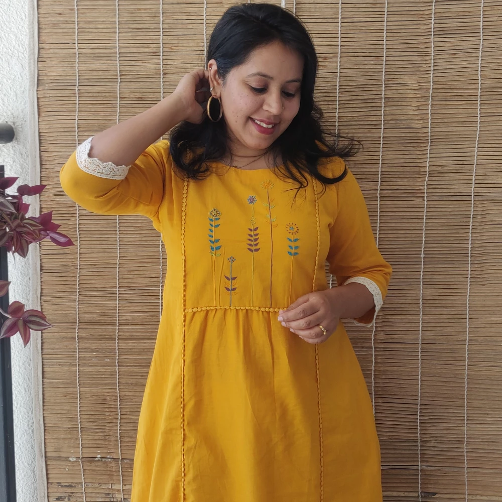 Unstitched Cotton Hand embroidered kurta pant set (Unstitched set)