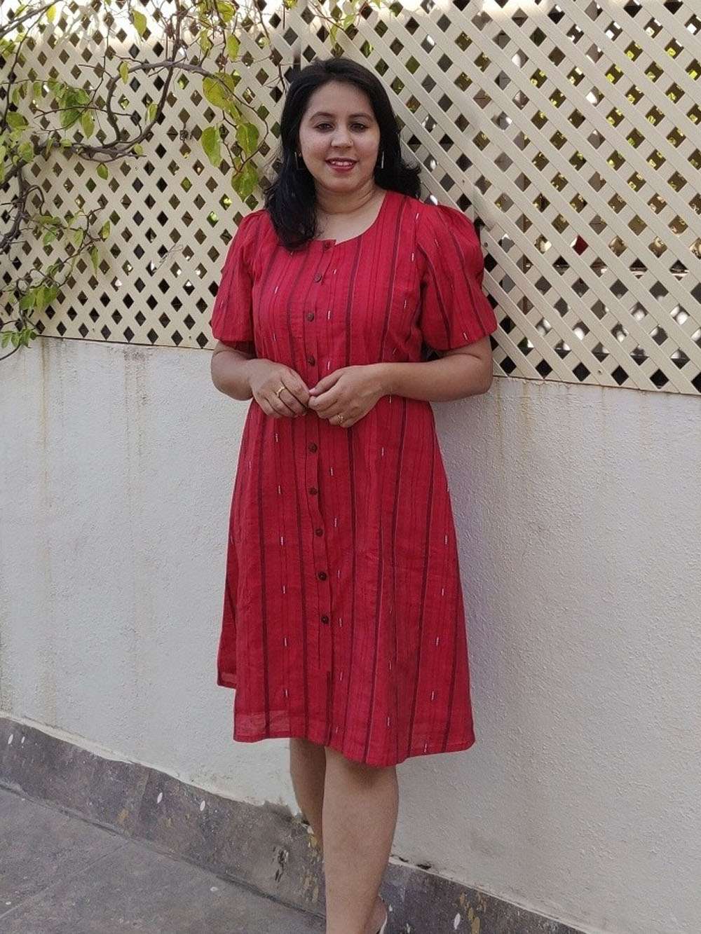 Cherry Red Chanderi Button down Dress (L)