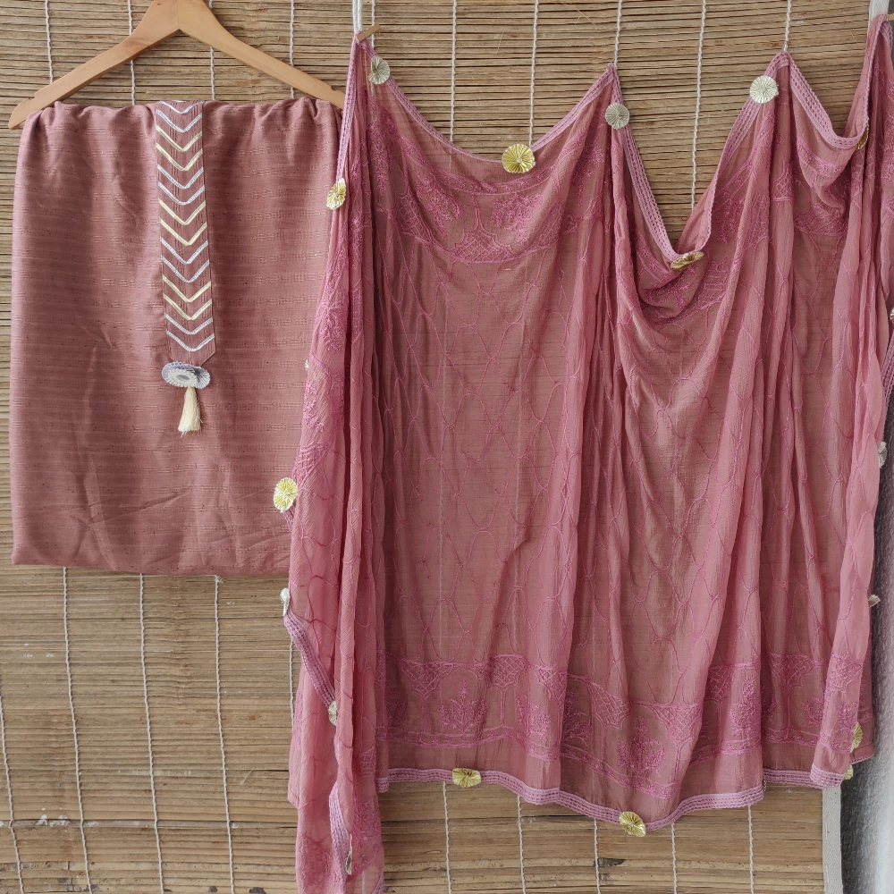 Unstitched  Chinnon Set (Terracota colour) (Terracota colour/Unstitched)