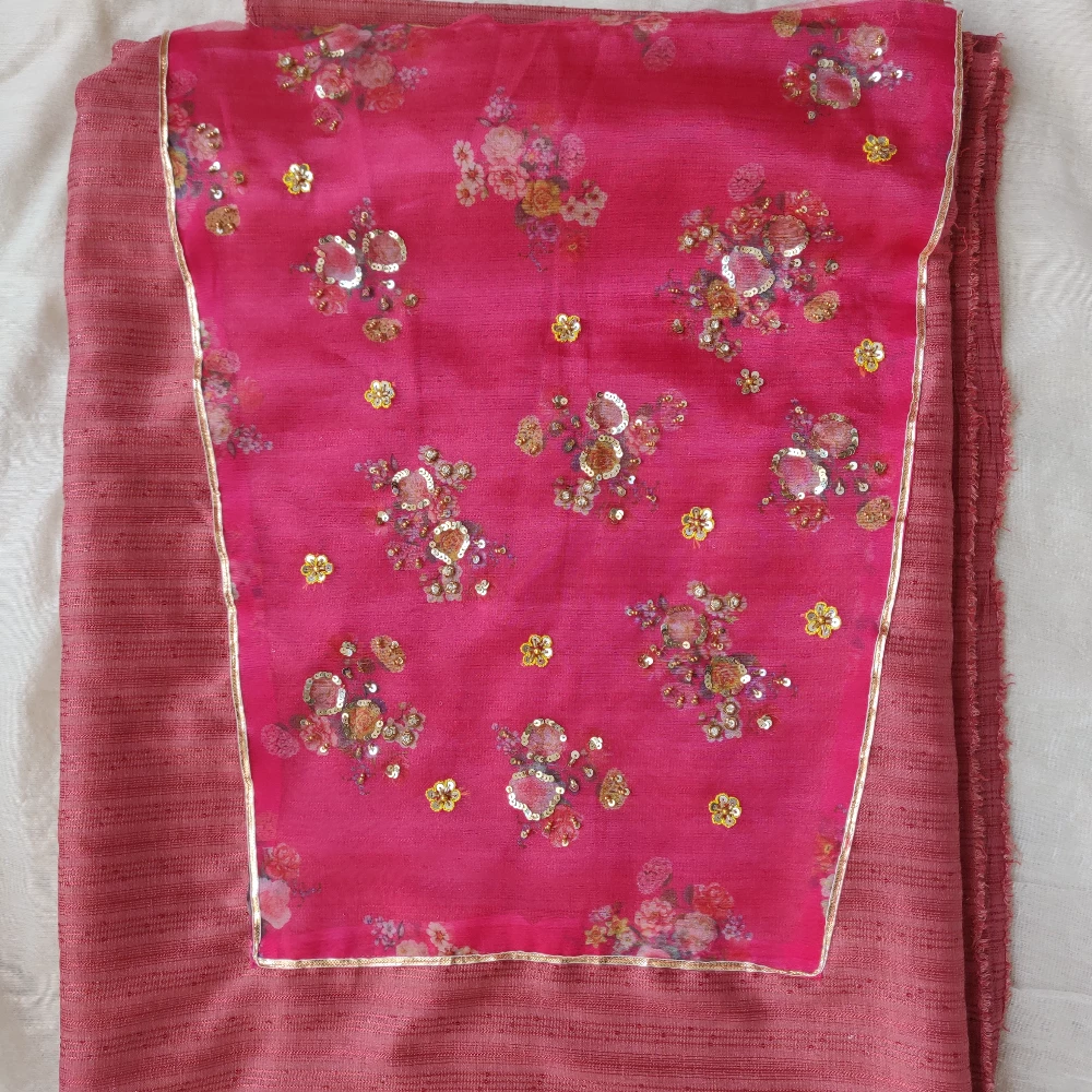 Tomato Red Chinnon Hand embroidered kurta set (Stitched/L)