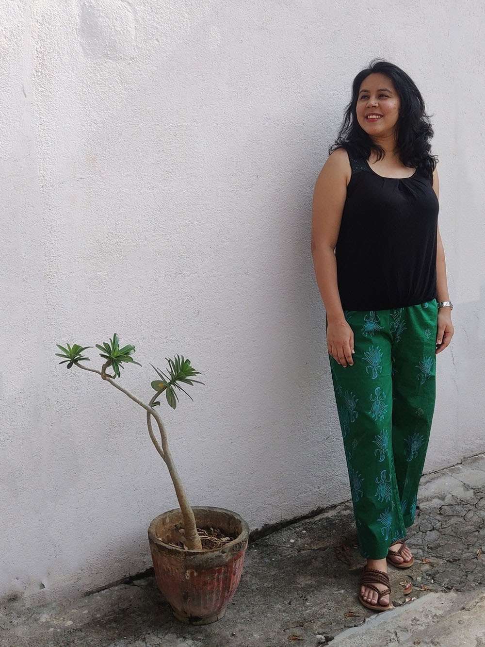 Fern green hand block printed cotton pants (M)