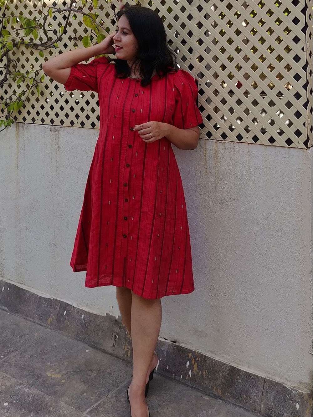 Cherry Red Chanderi Button down Dress (L)