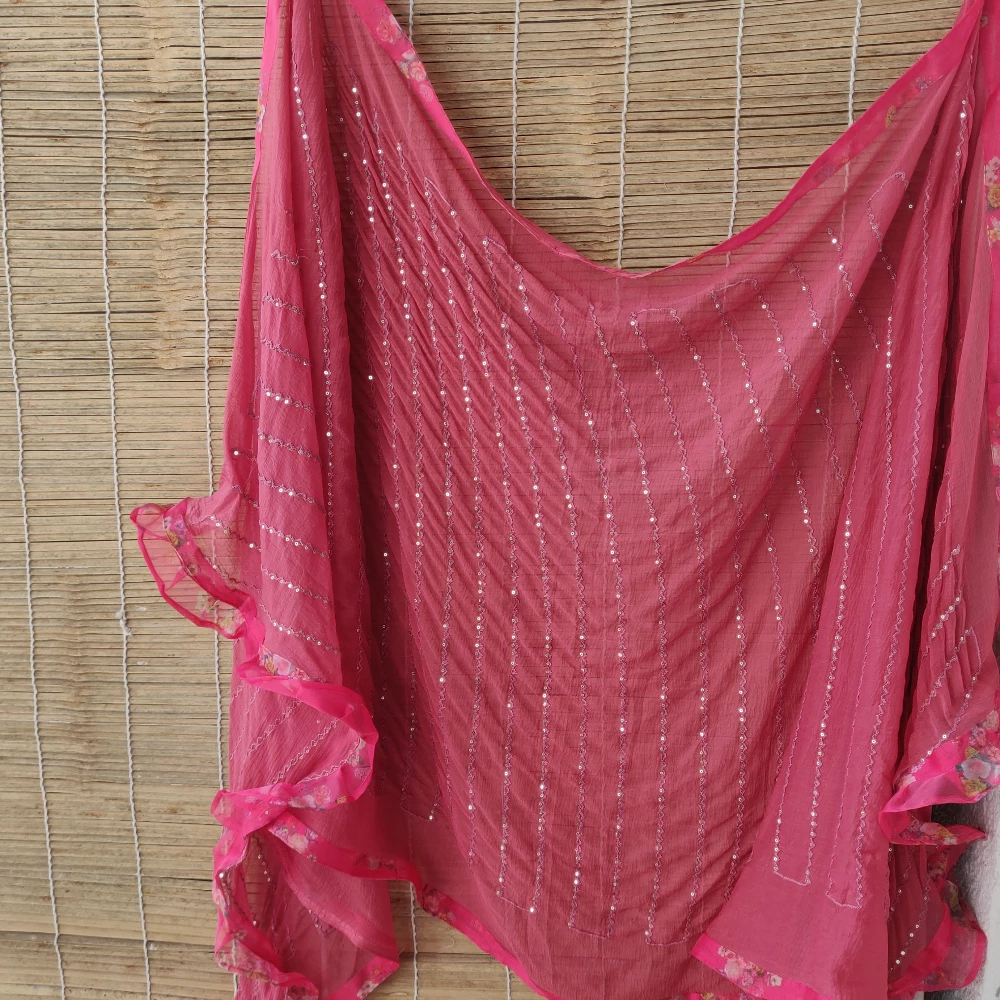 Tomato Red Chinnon Hand embroidered kurta set (Stitched/L)