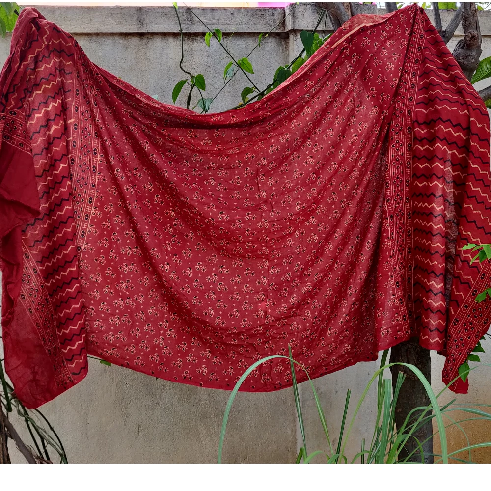 Natural Dye handblock printed Ajrakh Dupattas (red zigzag)