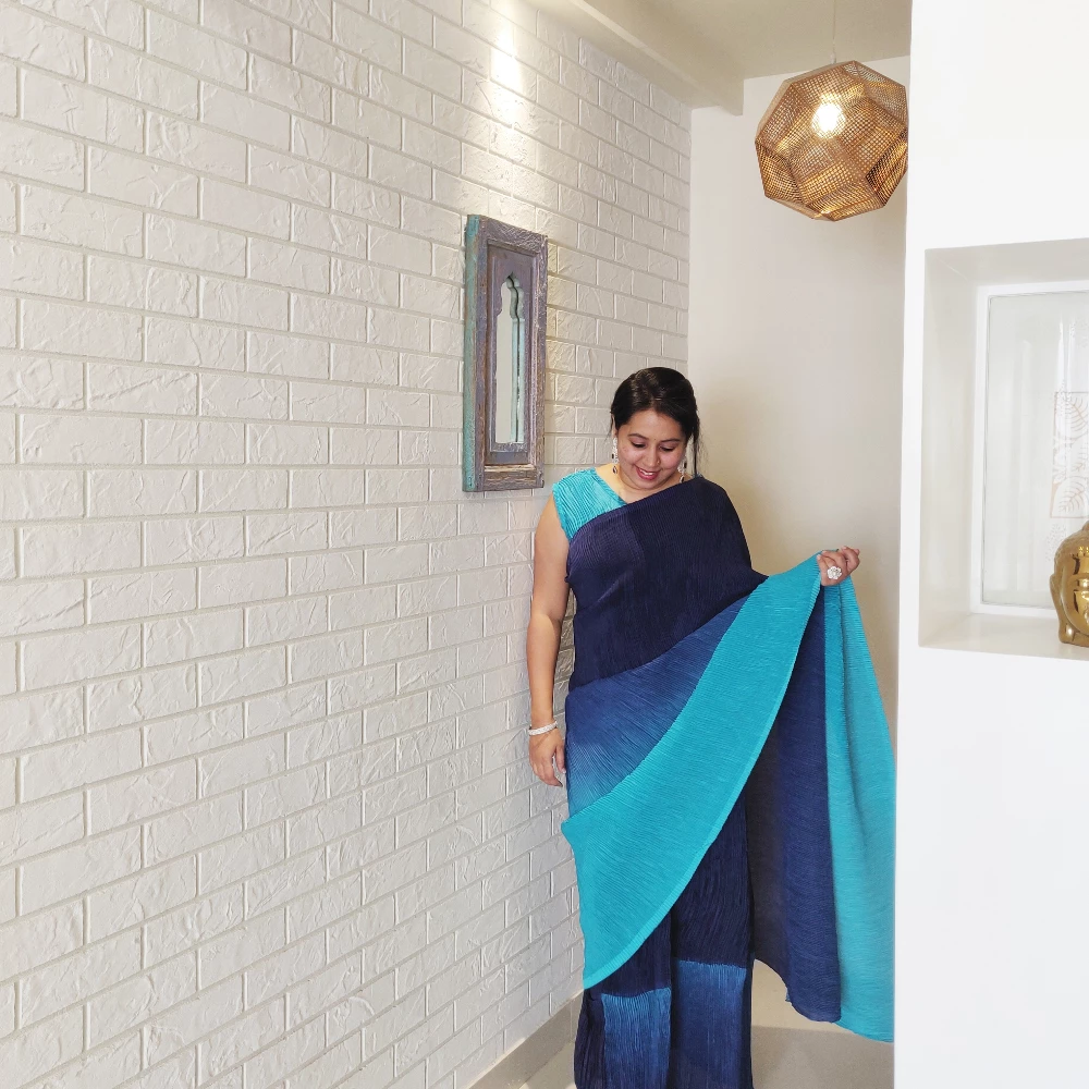 Ombre Blue Accordion Pleated Saree -Dress (XS-L)