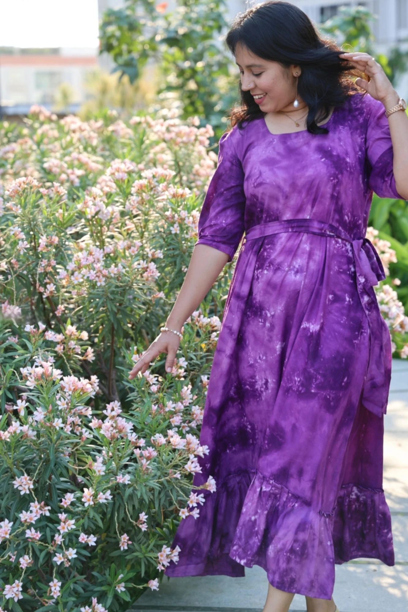 Purple Viscose tie-dye frill dress