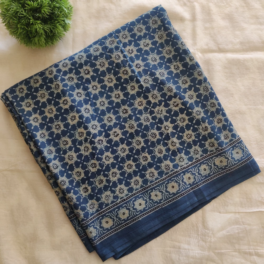 Block print Cotton Saree- Indigo