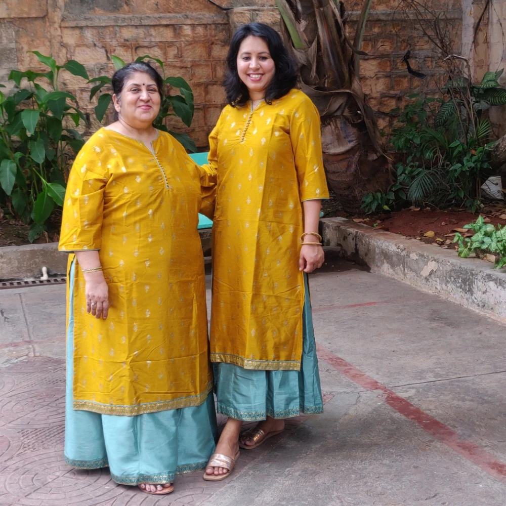 Yellow & Teal Silk blend maxi dress