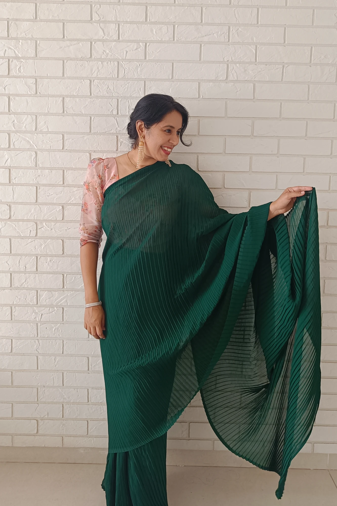 Green ready to wear saree with printed unstitched organza Blouse (green saree - printed blouse fabric)