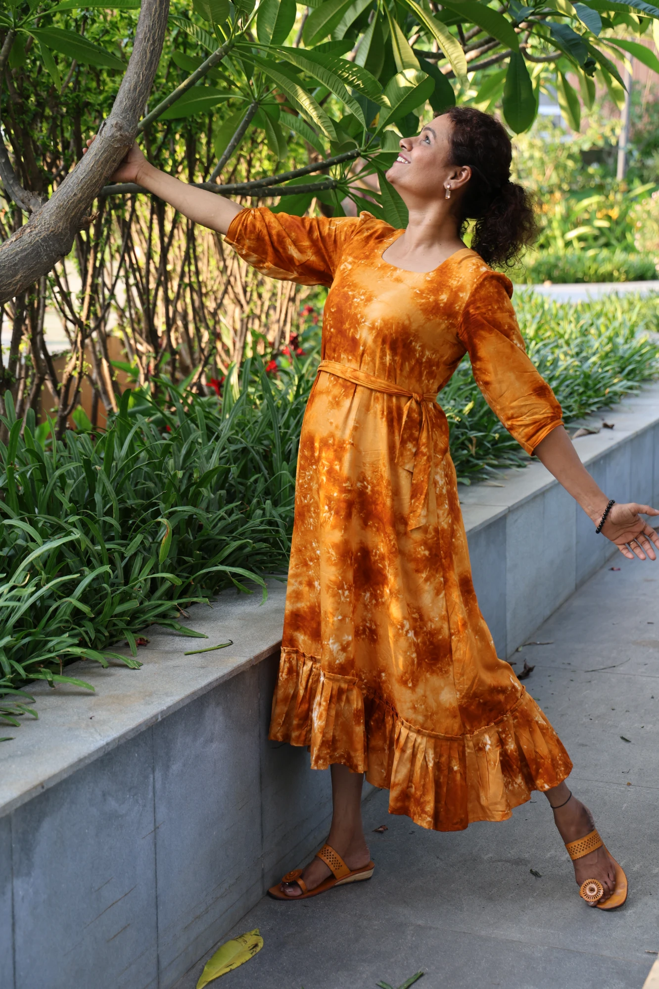 Mustard viscose tie& dye Frill dress (XS)