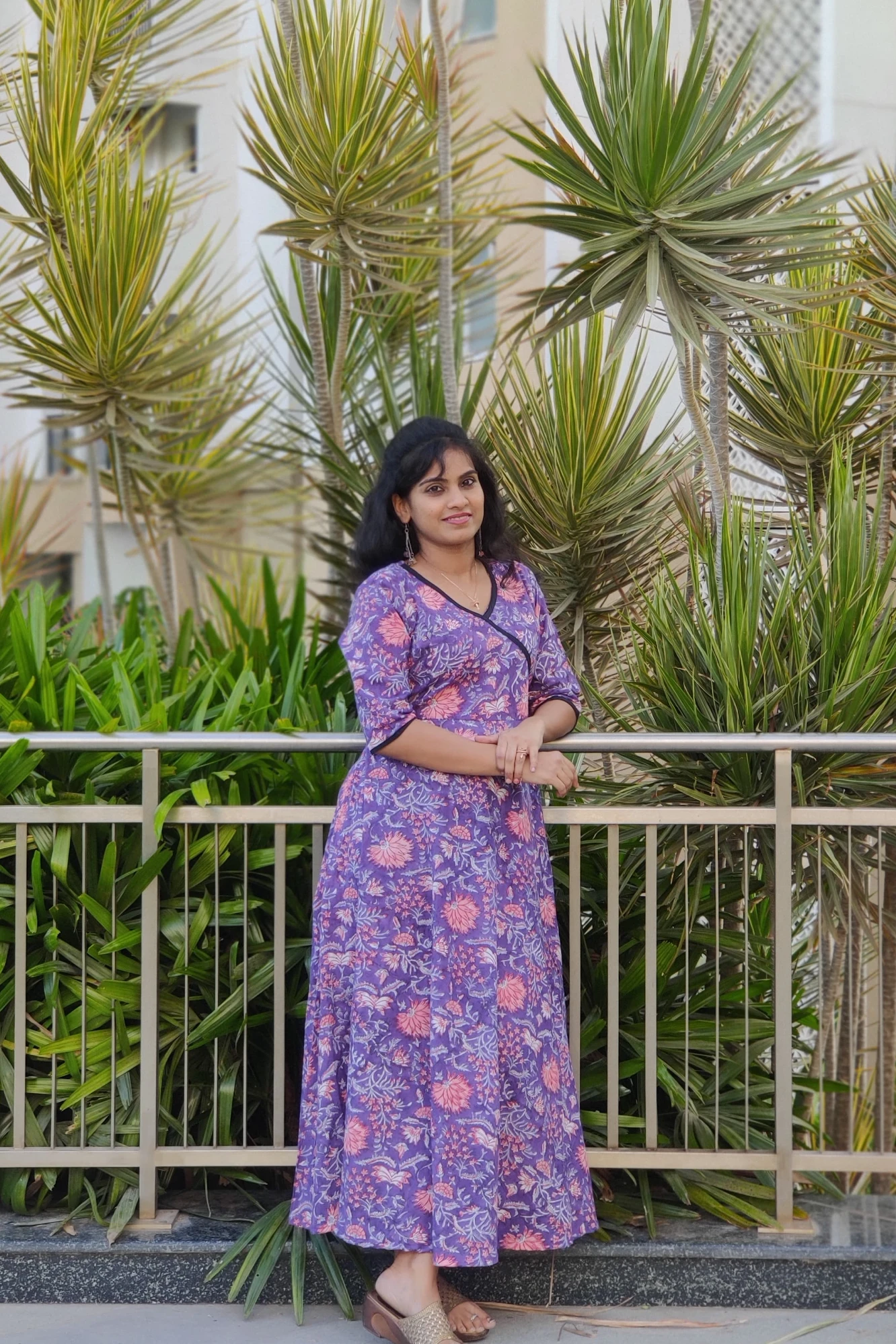 Cotton printed purple circular cut maxi dress (L)