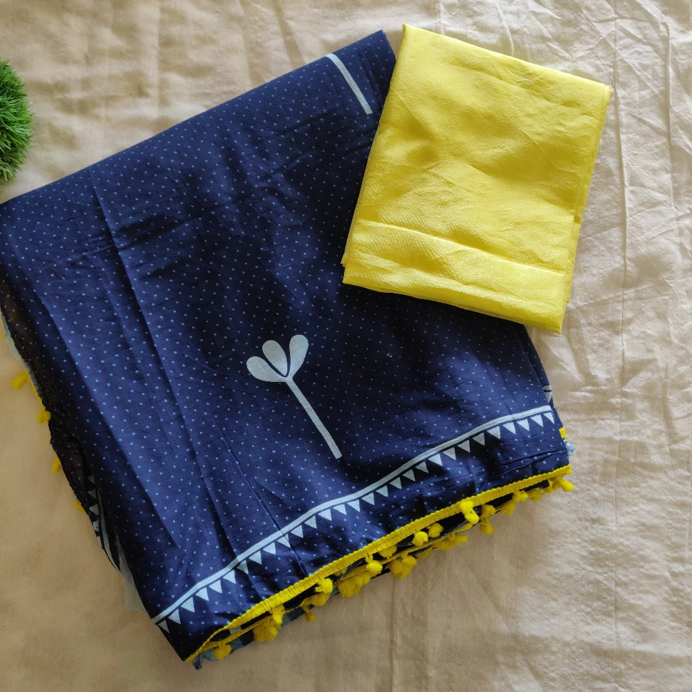 Indigo Blue printed Cotton saree