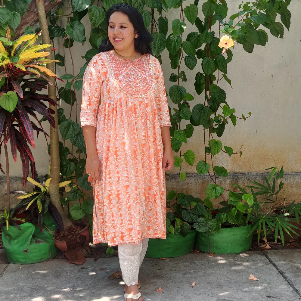 Orange floral printed Embroidered yoke kurta