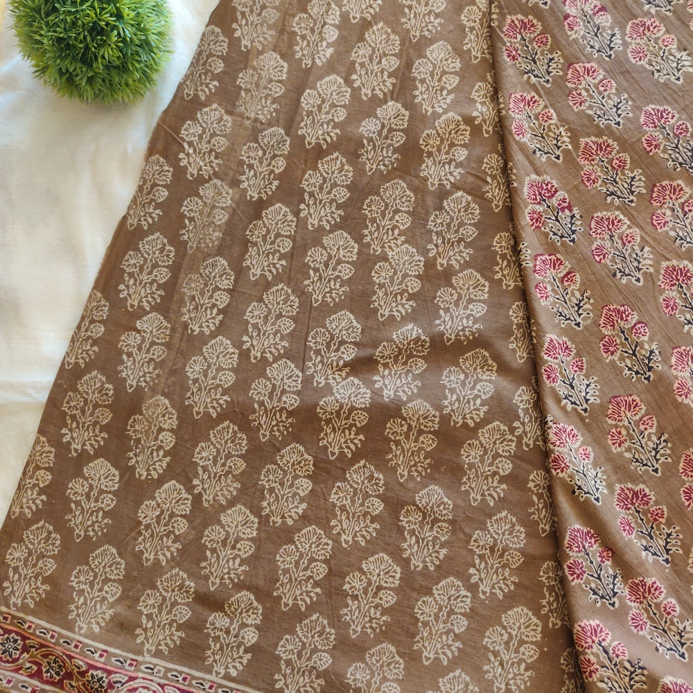 Block print Cotton Saree- Brown