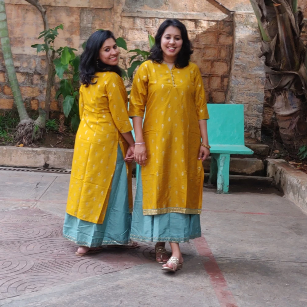 Yellow & Teal Silk blend maxi dress