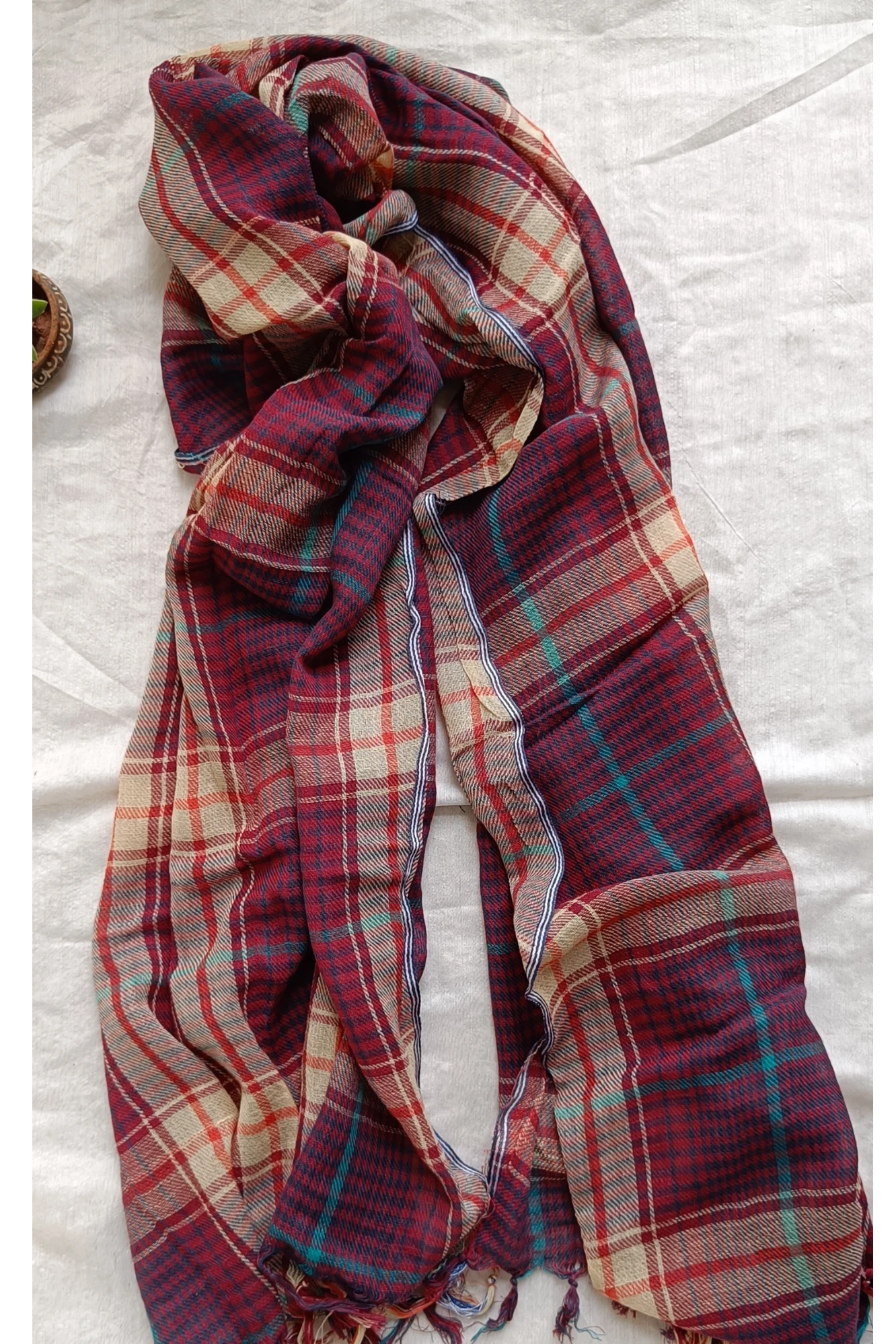 Maroon meadows plaid cotton stole