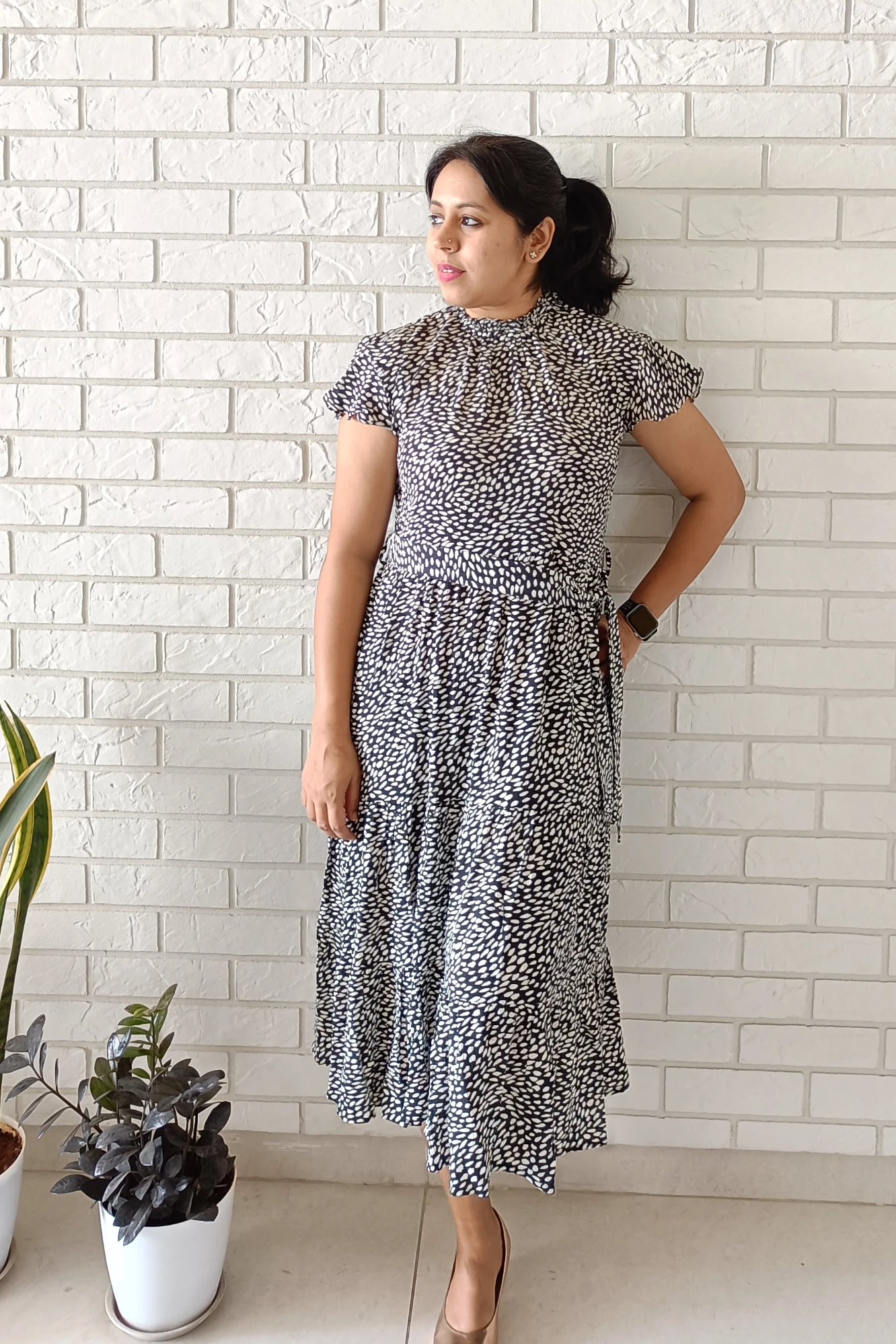 Black & white printed wrinkled cotton dress (XS)