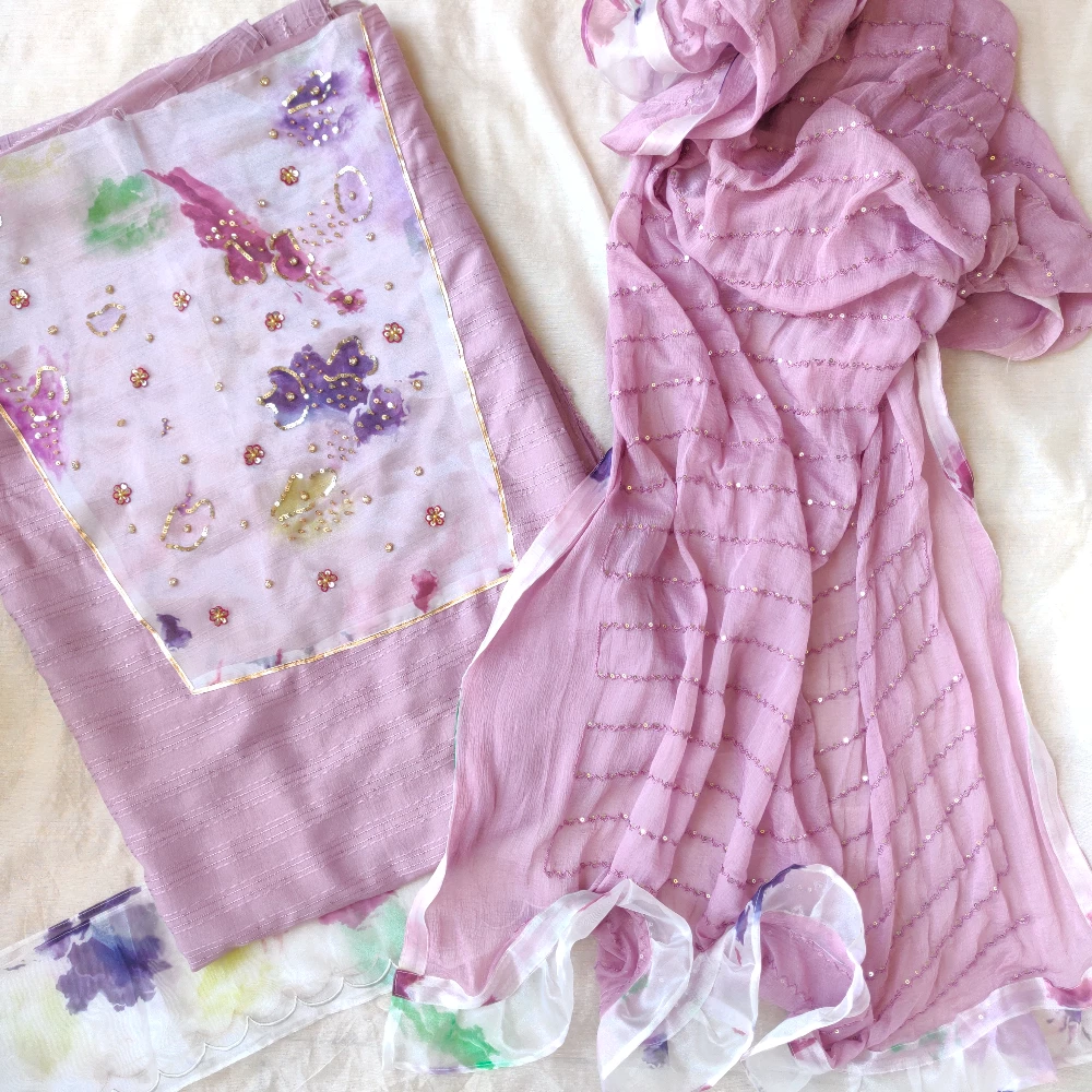 Unstitched Lavender Chinnon-Organza Hand embroidered kurta set