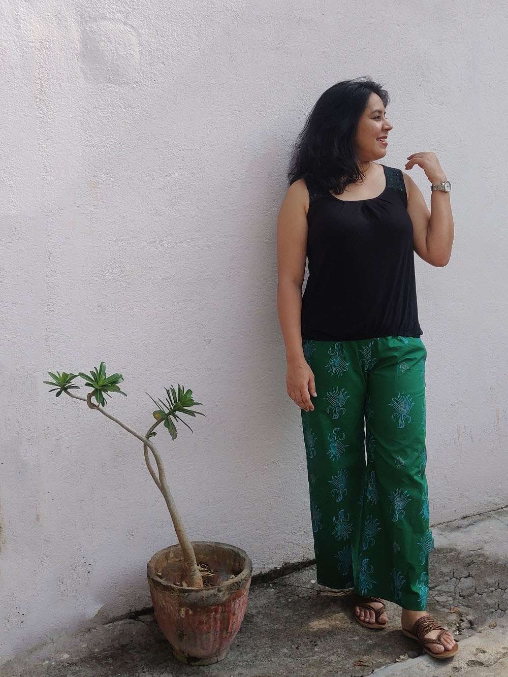 Fern green hand block printed cotton pants