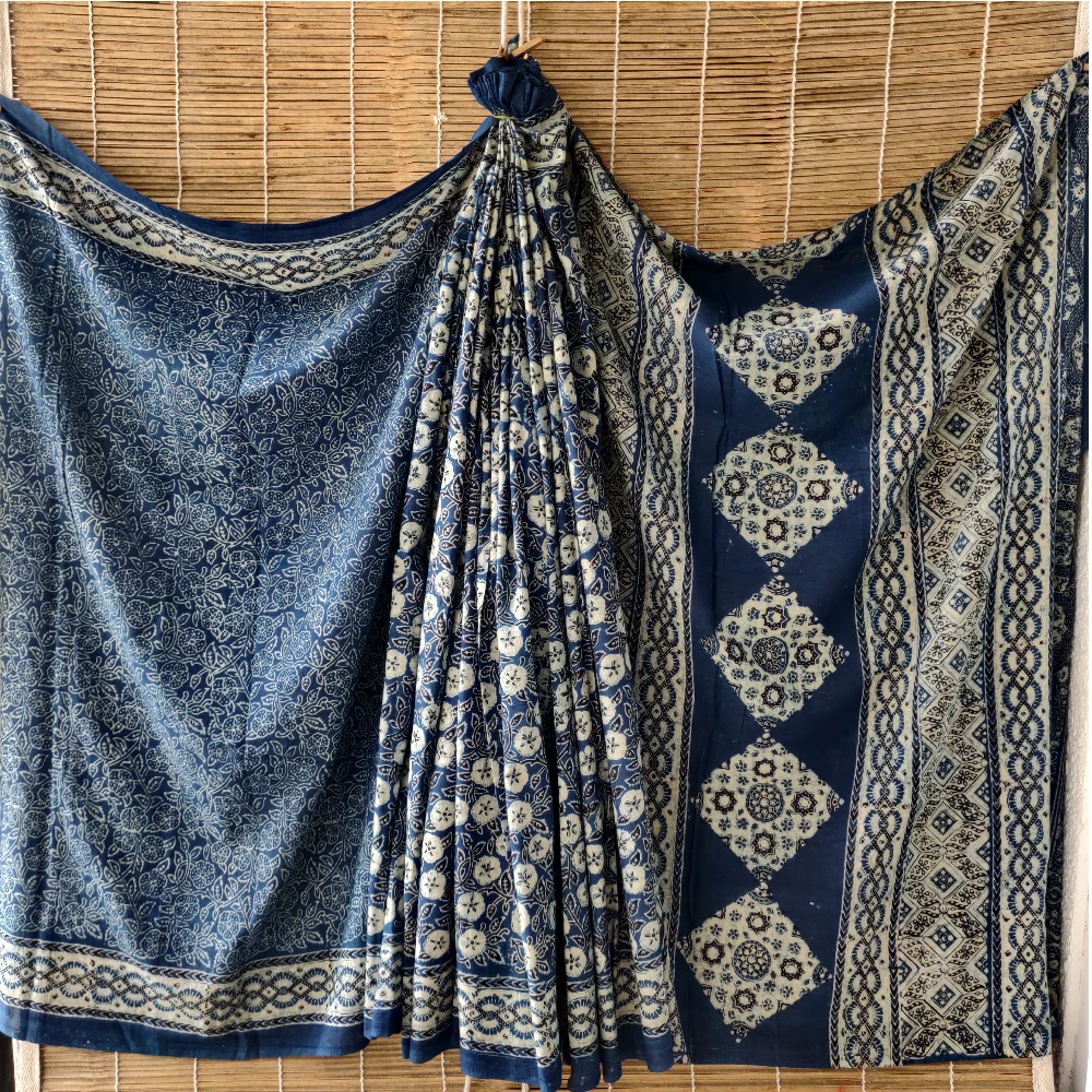 Block print Cotton Saree-Floral Indigo