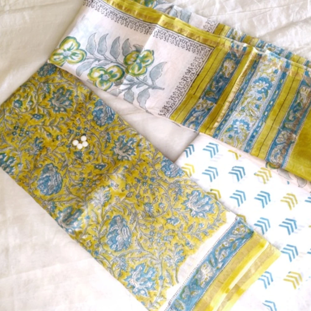 Yellow Chanderi Silk kurta set (Yellow/Unstitched/XS)