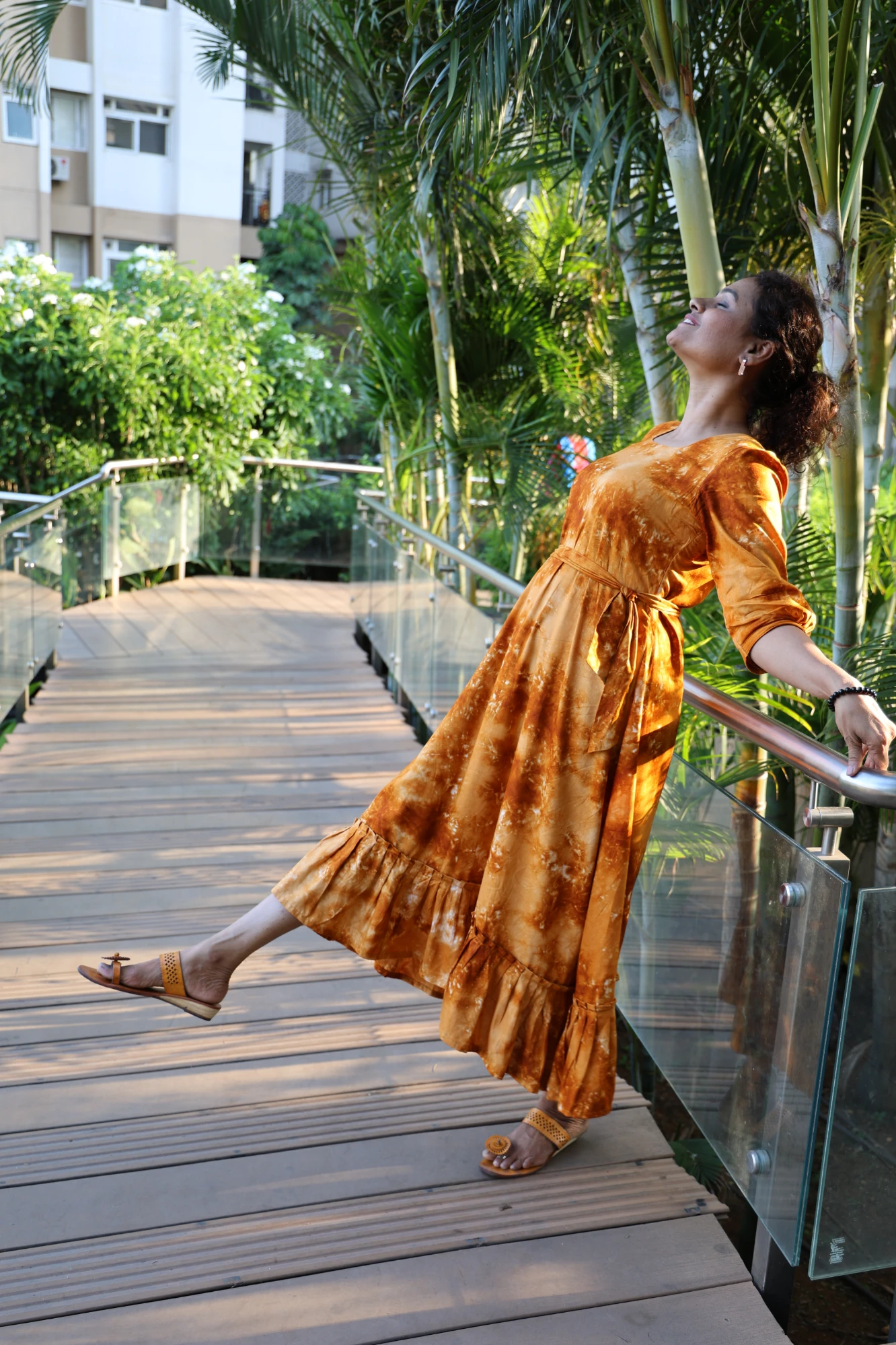 Mustard viscose tie& dye Frill dress (XS)