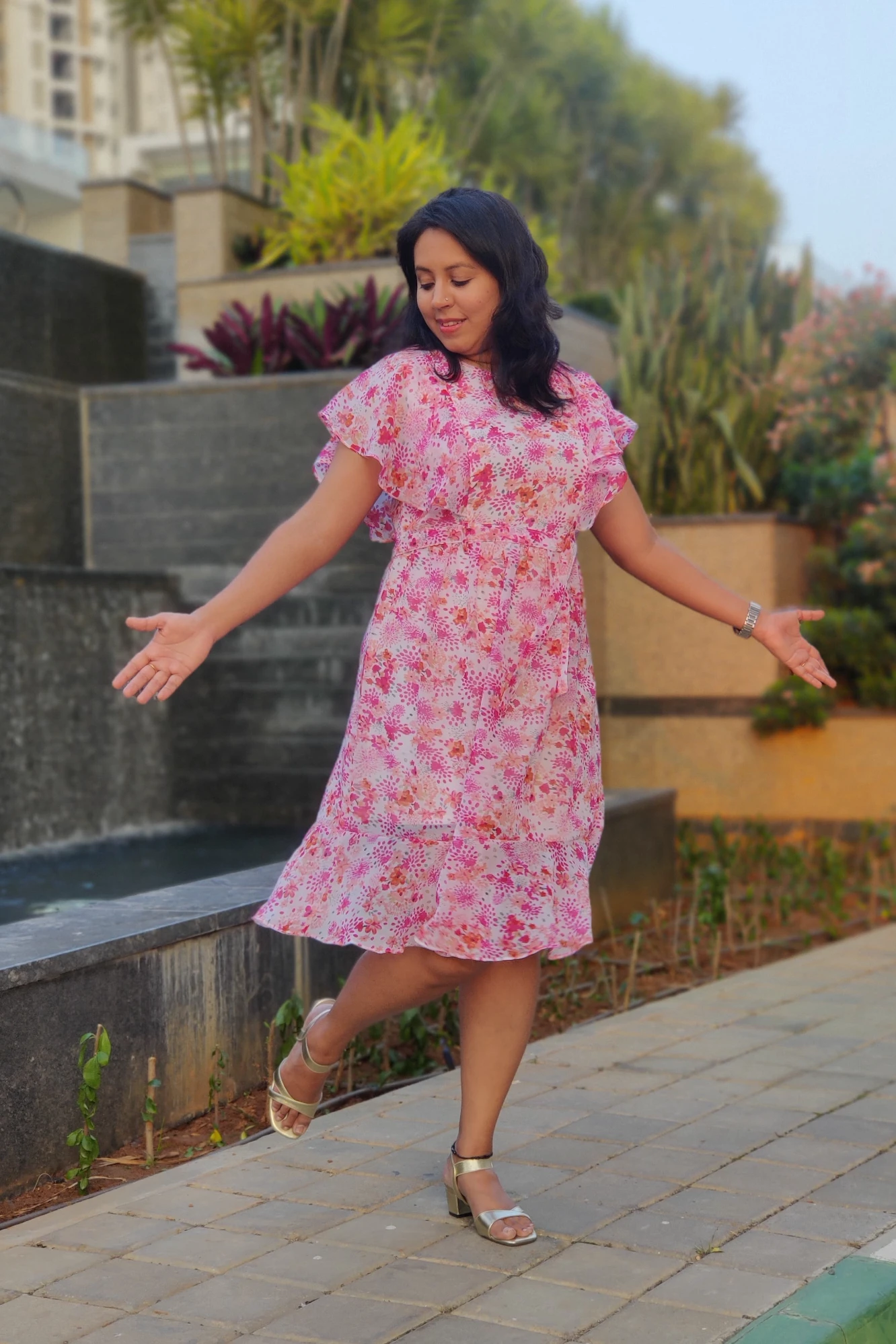 Printed Pink Georgette dress (XS)