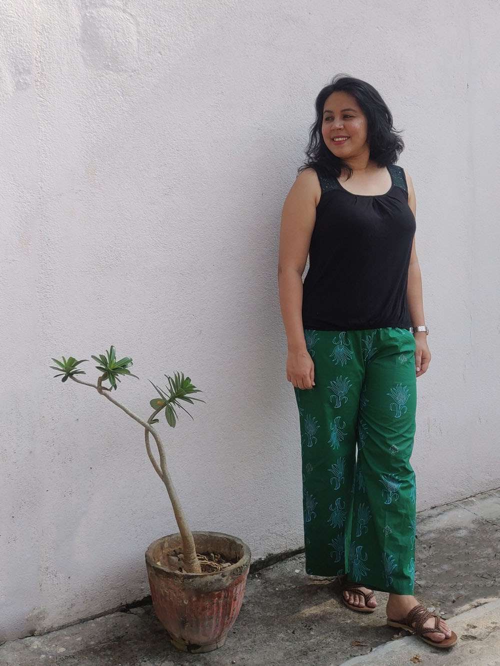 Fern green hand block printed cotton pants (M)