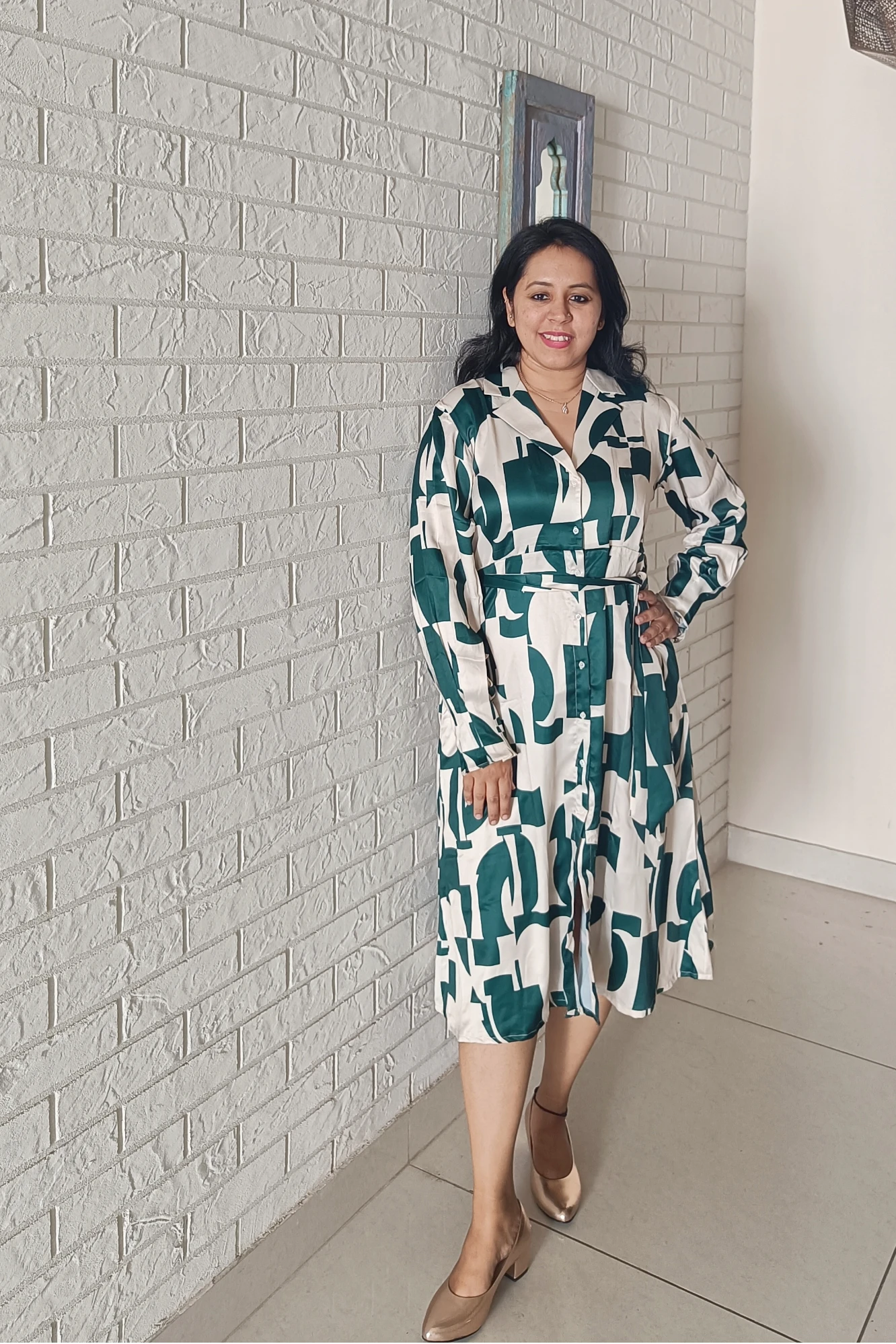 Satin printed button down dress (XS)