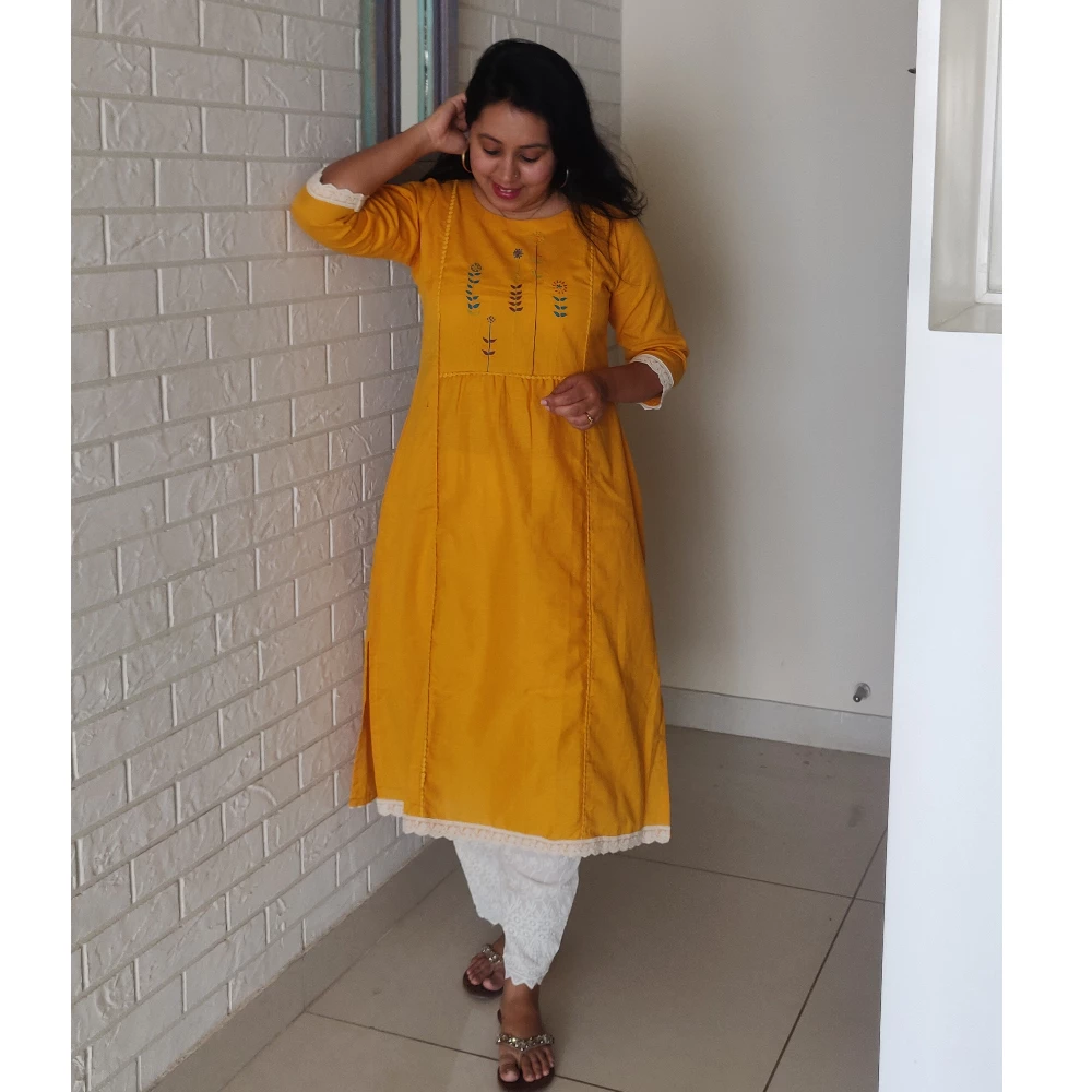 Unstitched Cotton Hand embroidered kurta pant set (Unstitched set)