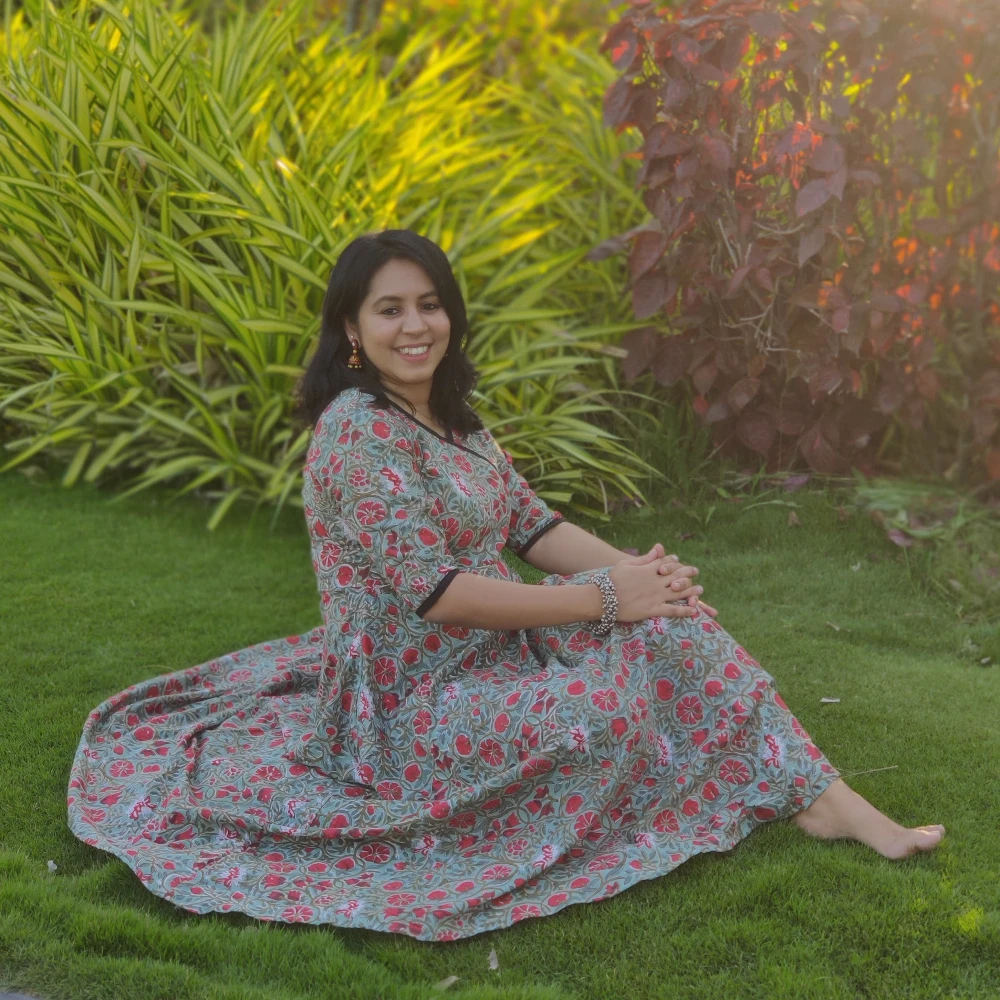Cotton printed green circular cut maxi dress (L)