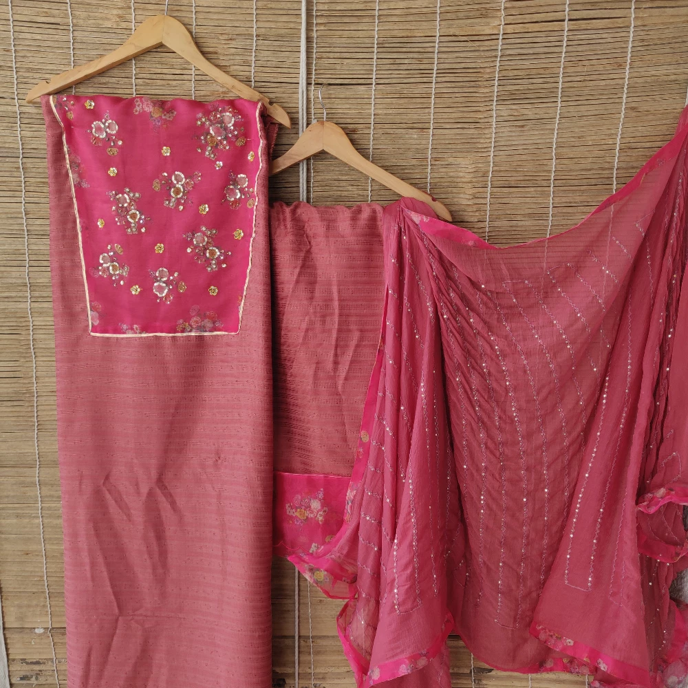 Tomato Red Chinnon Hand embroidered kurta set (Stitched/L)
