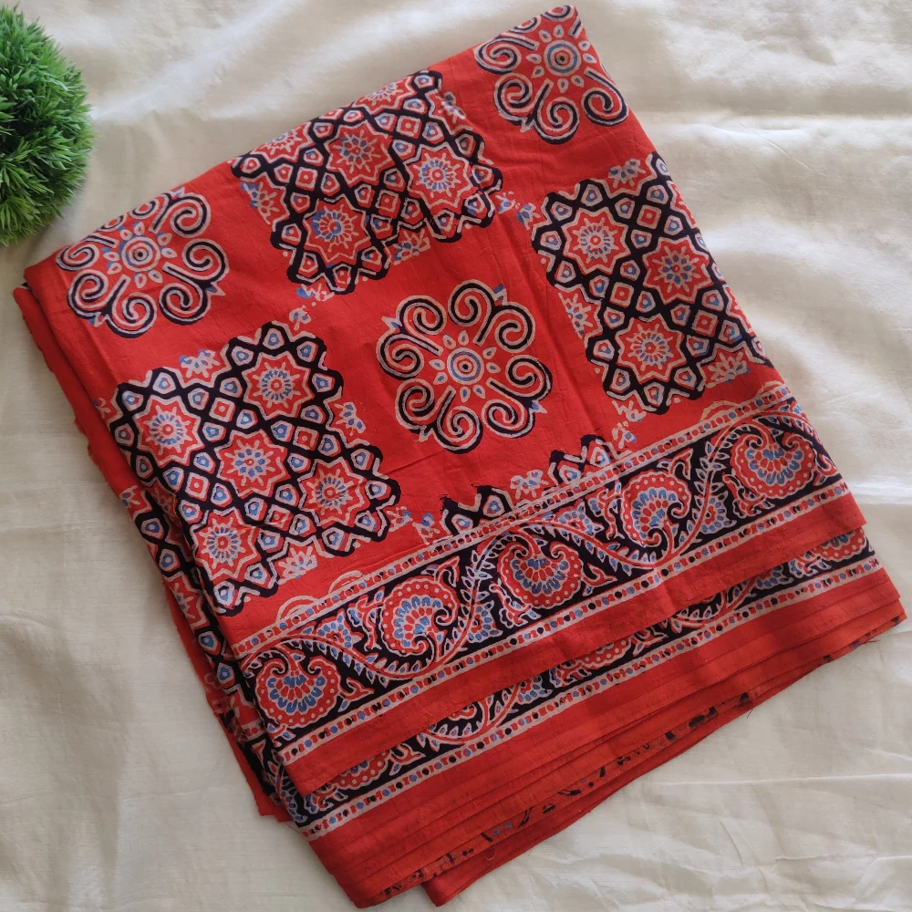 Ajrakh Cotton Saree- Geometric Orange