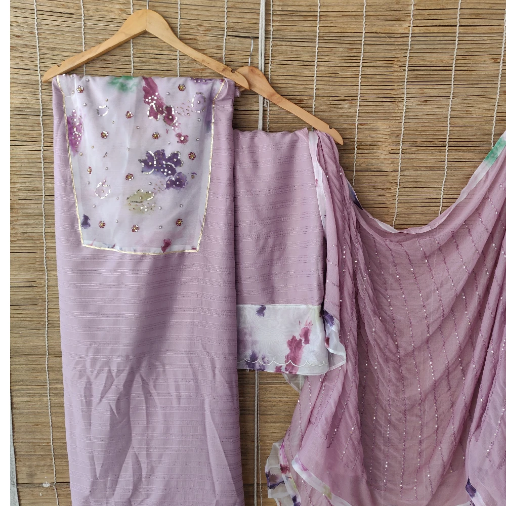 Unstitched Lavender Chinnon-Organza Hand embroidered kurta set (Unstitched set)