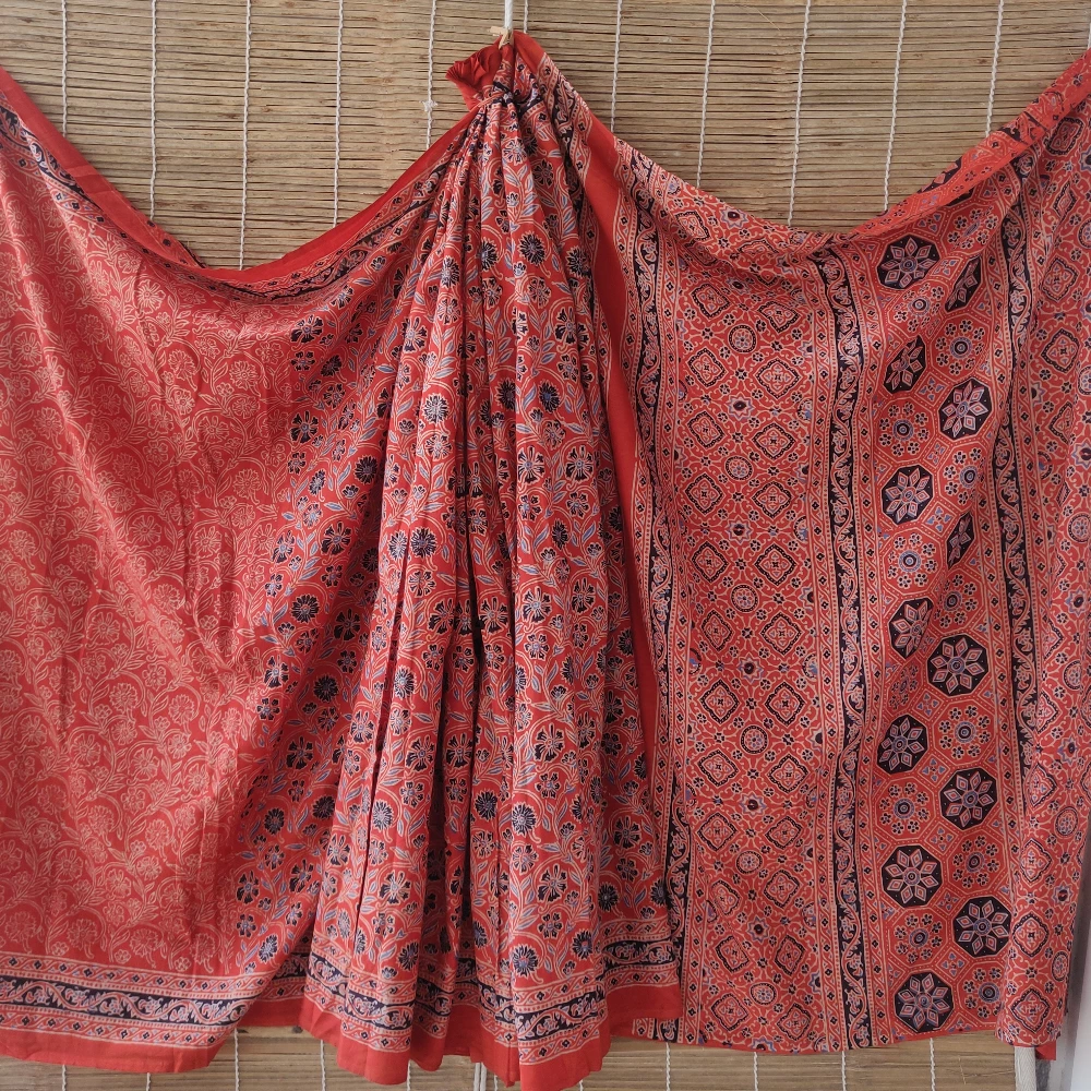 Block print Cotton Saree- Floral Orange