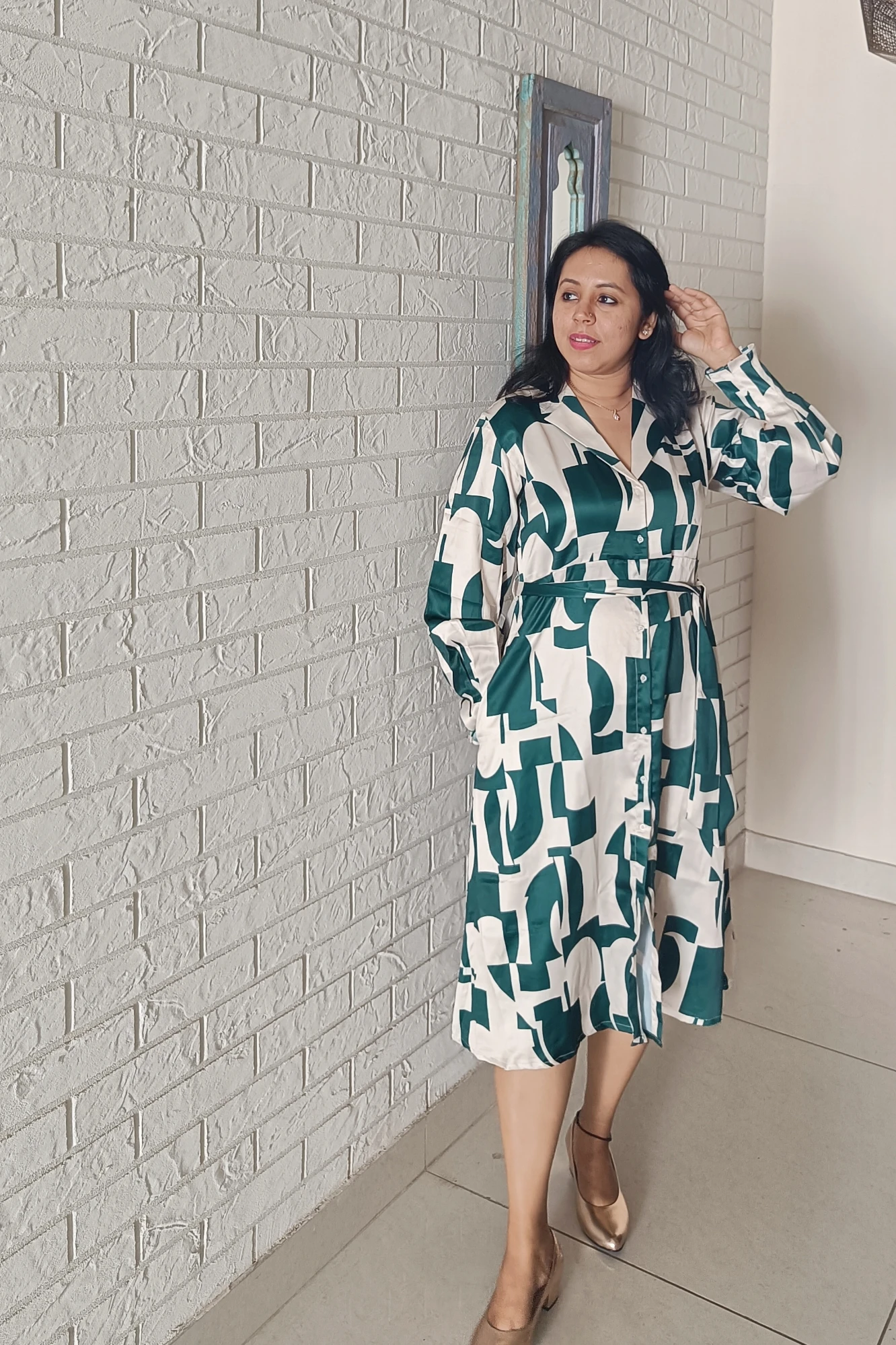 Satin printed button down dress (XS)